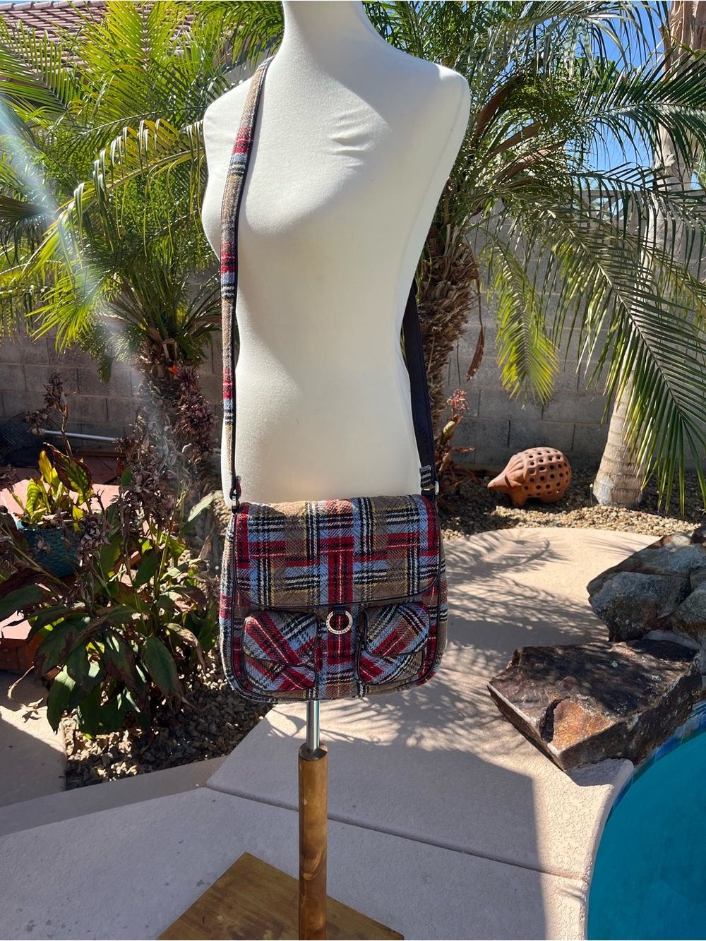 Vera Bradley Red Tan Cream Plaid Flap Crossbody with Ring Detail
